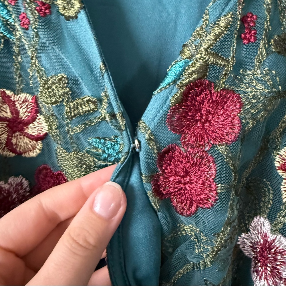 Fehrnvi Green and Teal Floral Embroidered Tulle Faux Wrap Maxi Dress - Picture 5 of 9